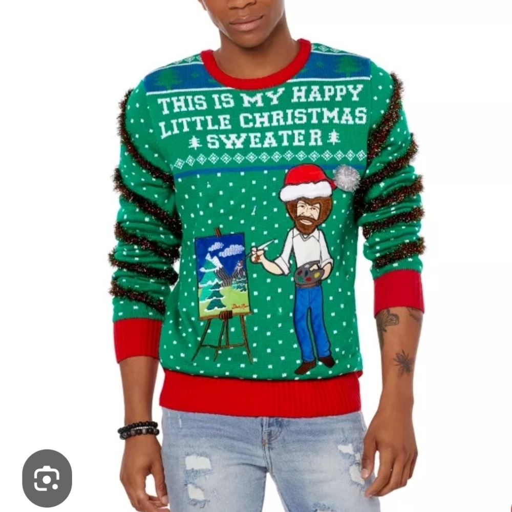 Spencers Happy Little Christmas Bob Ross Ugly Christmas Sweater  Light-Up Medium